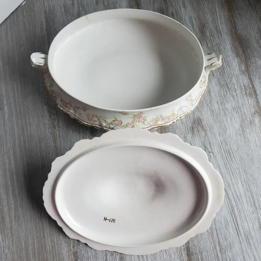 Antique Homer Laughlin Hudson Floral Tureen with Lid Floral Gold Trim H-170